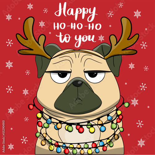 Vector christmas card with grumpy dog with garland character party time congratulatory funny postcards with slogans lettering. Cartoon flat style ideal for cards posters, social media.