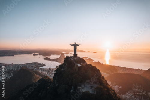 Aerial View of Christ de Redeemer during sunrise in Rio de Janeiro, Brazil photo