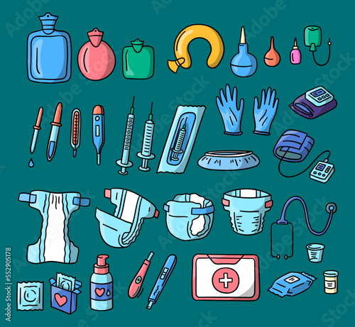 Vector pharmacy healthcare medical tools set. Warmer, diaper, condoms hand drawn doodles. Condoms, first aid kit, blood pressure equipment, disposable gloves, shoe covers, enema and pregnancy test