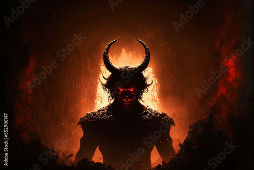 Scary demon with horns in hell. Generative AI photo