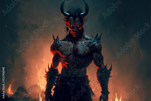 Fototapete Scary demon with horns in hell. Generative AI