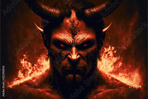 Scary demon with horns in hell. Generative AI photo