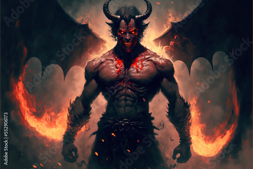 Fototapeta Big demon with horns and wings in hell. Generative AI