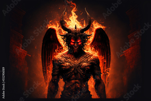 Big demon with horns and wings in hell. Generative AI
