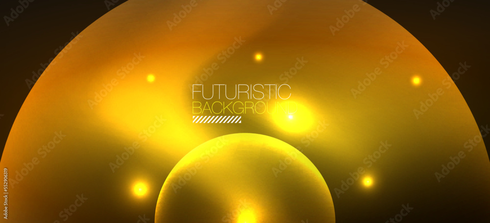 Abstract background with neon glowing light effects. Round shapes, triangles and circles. Wallpaper for concept of AI technology, blockchain, communication, 5G, science, business and technology