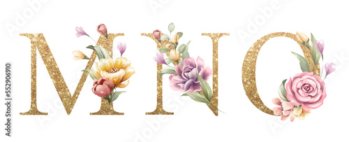 Golden alphabet set of M, N, O, with flowers and leaves watercolor for logo, wedding invitation, card, branding, initial, other concept ideas. 