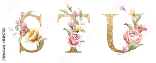 Golden alphabet set of S, T, U, with flowers and leaves watercolor for logo, wedding invitation, card, branding, initial, other concept ideas. 
