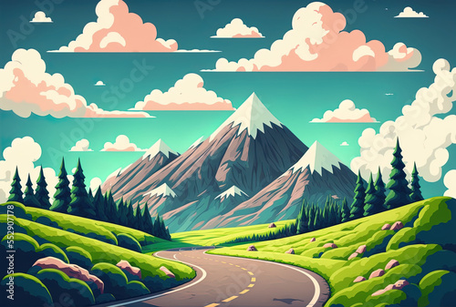 Mountains with a road and green meadows and a beautiful sky with white clouds. Generative AI