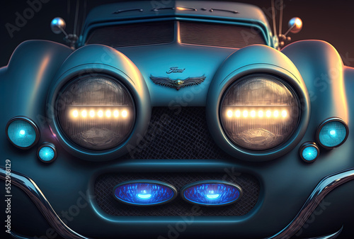 A close up of a blue car's front end, showing the lights and the bumper. Generative AI © 2rogan