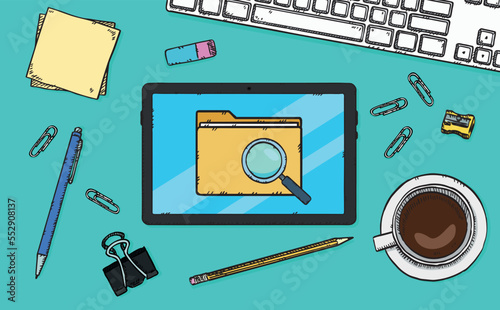 A file with a folder and a magnifying glass searching for files is displayed on the tablet's screen. The tablet is on a table in the office. Hand-drawn vector  illustration.
