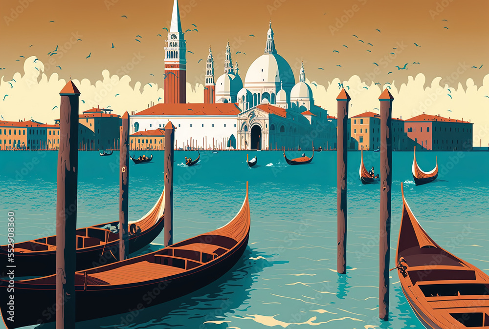 Venice's Basilica of San Giorgio Maggiore is in the backdrop, with boats docked in the water. Generative AI