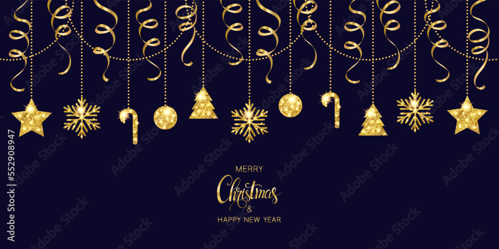 Christmas and New Year card with hanging gold glitter snowflakes, candy cane, ball, tree, star and ribbon on blue background,  vector illustration