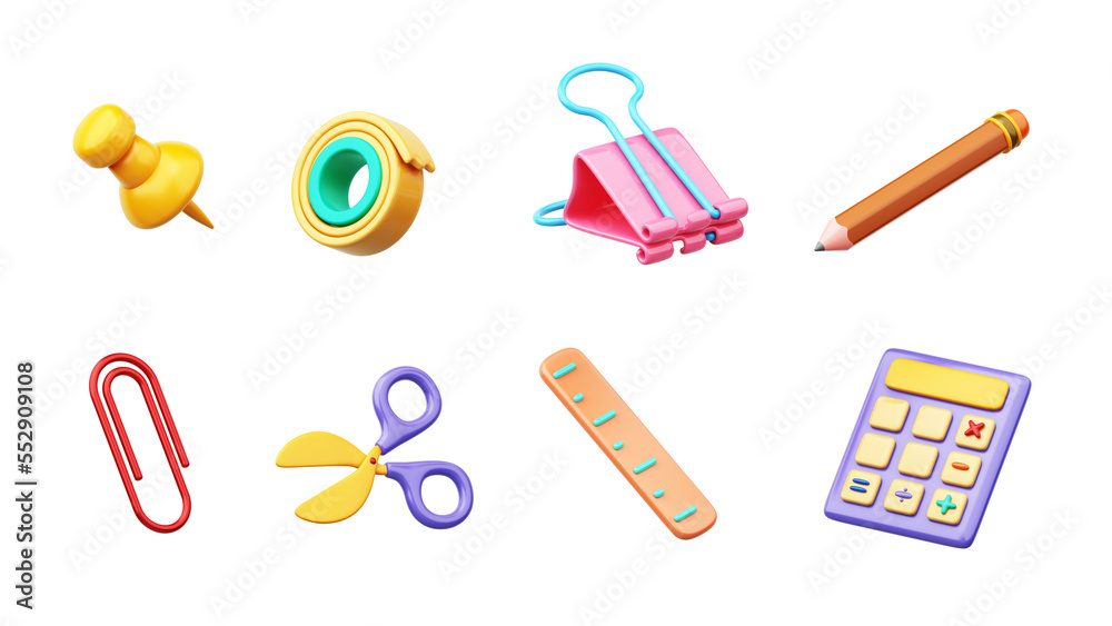 Model set of office equipment is pin, scissors, calculators, paperclip, pencil, ruler, scotch tape and binder clip. style cute cartoon kid on white background. Object clipping path. 3D Illustration. Model set of office equipment is pin, scissors, calculators, paperclip, pencil, ruler, scotch tape and binder clip. style cute cartoon kid on white background. Object clipping path. 3D Illustration.