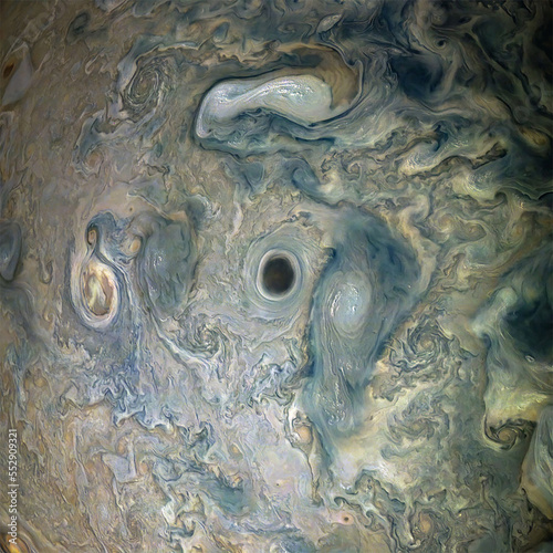 Jovian jet stream shows a dark center on Jupiter's planet in outer space. Digitally enhanced. Elements of this image furnished by NASA.