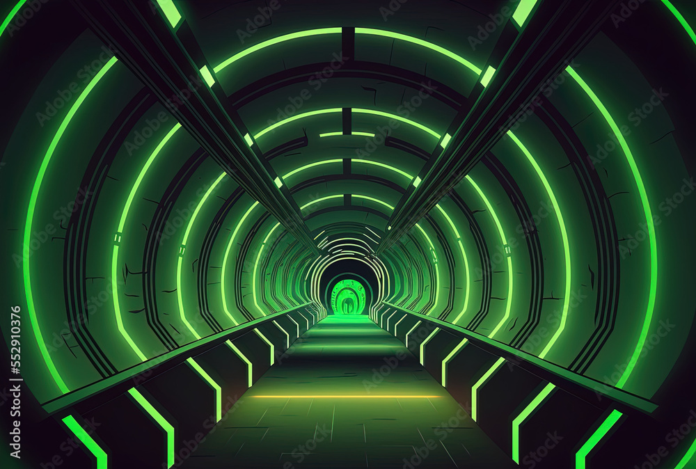 Illustration of an abstract sci fi tunnel with a green line light. Generative AI