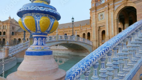 Plaza de Espana in Seville. Establishing shot of moorish ornaments in Plaza de Espana - Spanish Square -, Sevilla, Spain
