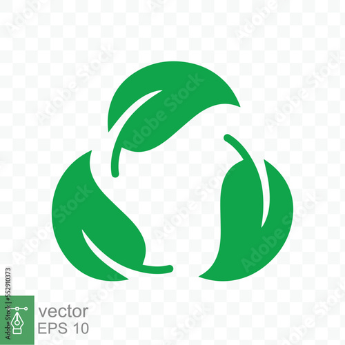 Recycle icon. Green leaf circle logo, biodegradable recyclable plastic free package symbol, eco friendly product template. Vector illustration isolated on transparent background. EPS 10.