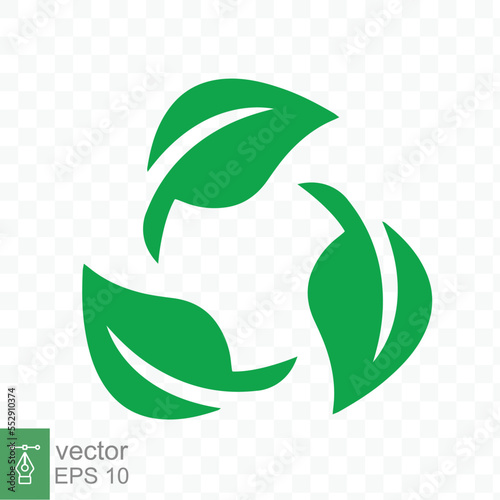 Recycle icon. Green leaf circle logo, biodegradable recyclable plastic free package symbol, eco friendly product template. Vector illustration isolated on transparent background. EPS 10.