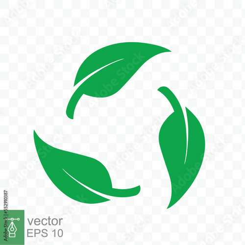 Recycle icon. Green leaf circle logo, biodegradable recyclable plastic free package symbol, eco friendly product template. Vector illustration isolated on transparent background. EPS 10. photo