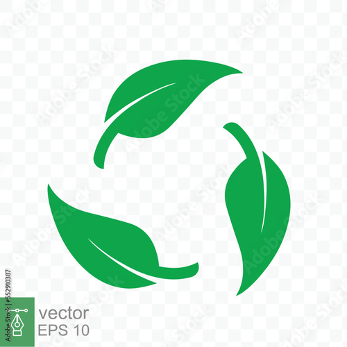 Recycle icon. Green leaf circle logo, biodegradable recyclable plastic free package symbol, eco friendly product template. Vector illustration isolated on transparent background. EPS 10.
