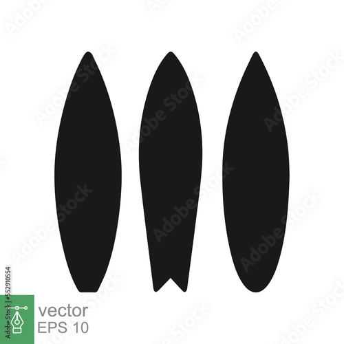 Surfboard icon set. Black silhouette of long surfboard, flat style. Longboard, surfer, tropical, beach, summer, sport concept. Solid, glyph vector illustration isolated on white background. EPS 10.