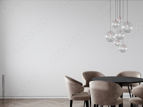 Dining area in soft colors. Beige and white with black details. Glass balls chandeliers. Minimalistic room with empty walls. Menu template or blank invitation. 3d rendering © Viktoriia