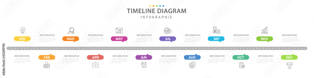 Infographic template for business. 12 Months modern Timeline diagram calendar with icon and topics, presentation vector infographic. Infographic template for business. 12 Months modern Timeline diagram calendar with icon and topics, presentation vector infographic.