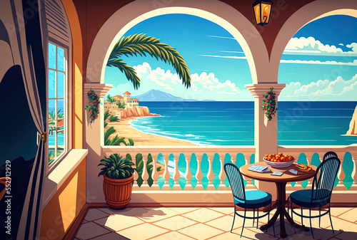 Terrace with beach view. Generative AI