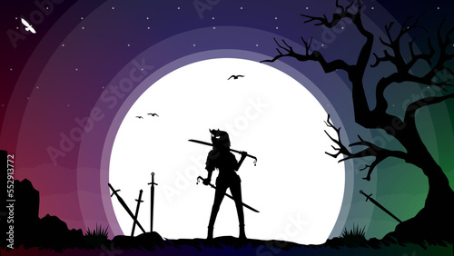 Urban female samurai. Japanese samurai warrior with a sword. Japan theme background. oni mask.