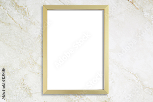 Poster Mockup with Gold Frame Hanging on Marble Wall © Melissa