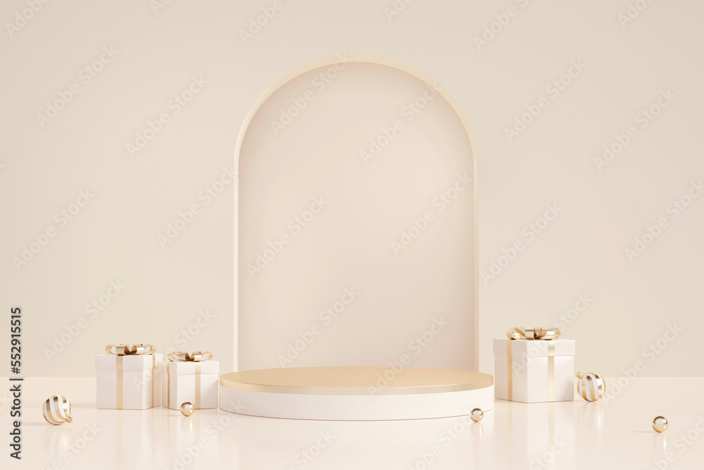 3D rendering white and gold product display stand with gift boxes and ...