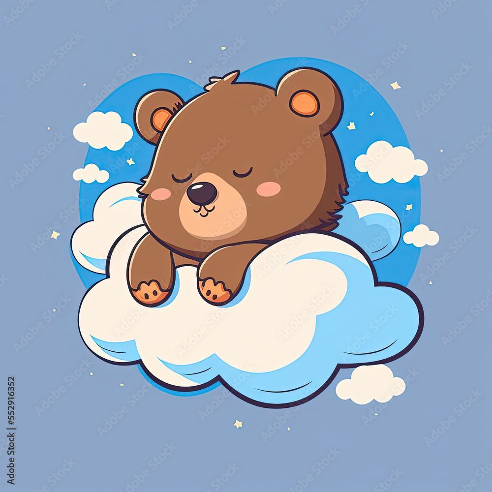 Obraz premium Cute Bear Sleep on a Cloud. KAWAII Stylish Comic Stamp. Flat Minimalist Design Art. For UI, WEB, Novel, Game, AD, Poster