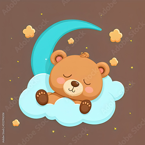 Cute Bear Sleep on a Cloud. KAWAII Stylish Comic Stamp. Flat Minimalist Design Art. For UI, WEB, Novel, Game, AD, Poster