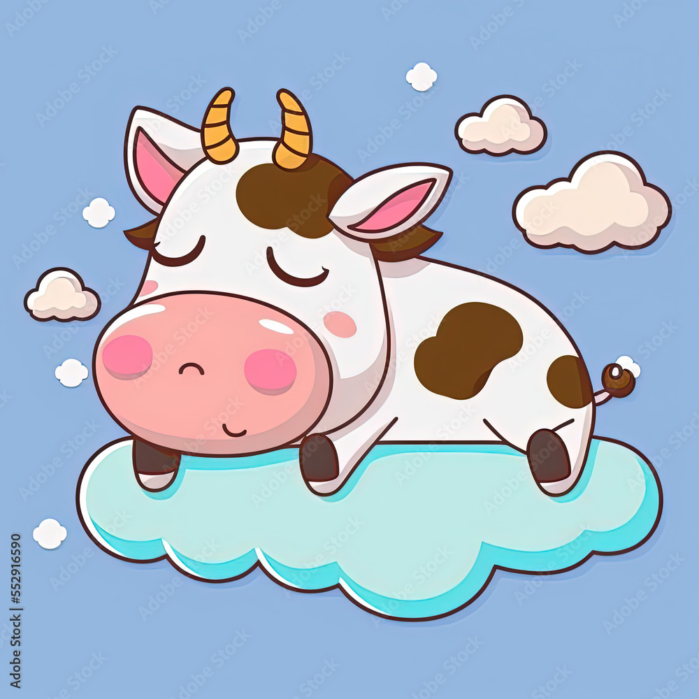 Cute Cow Sleep on a Cloud. KAWAII Stylish Comic Stamp. Flat Minimalist Design Art. For UI, WEB, Novel, Game, AD, Poster Cute Cow Sleep on a Cloud. KAWAII Stylish Comic Stamp. Flat Minimalist Design Art. For UI, WEB, Novel, Game, AD, Poster