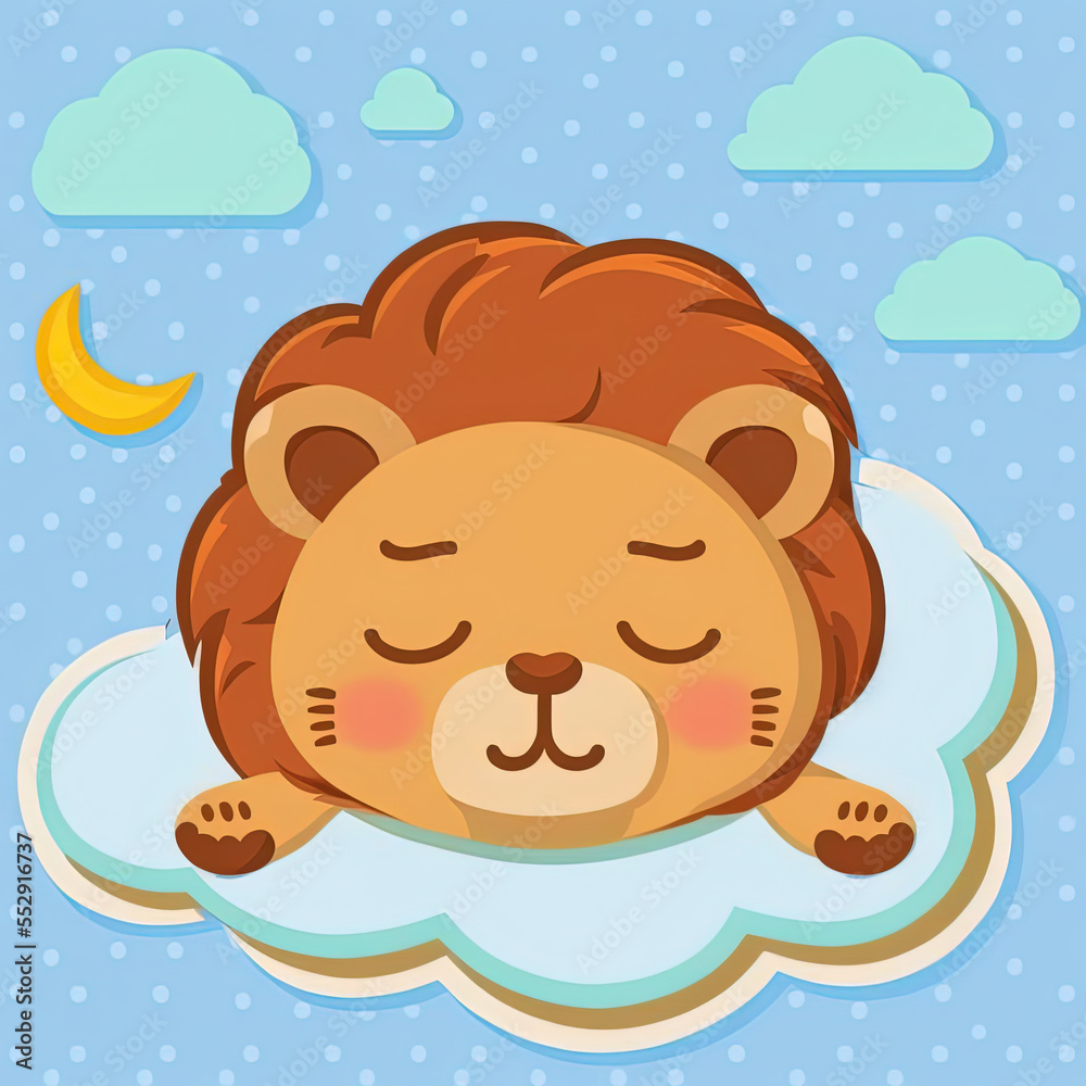 Cute Lion Sleep on a Cloud. KAWAII Stylish Comic Stamp. Flat Minimalist Design Art. For UI, WEB, Novel, Game, AD, Poster Cute Lion Sleep on a Cloud. KAWAII Stylish Comic Stamp. Flat Minimalist Design Art. For UI, WEB, Novel, Game, AD, Poster