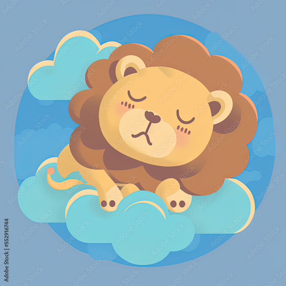 Cute Lion Sleep on a Cloud. KAWAII Stylish Comic Stamp. Flat Minimalist Design Art. For UI, WEB, Novel, Game, AD, Poster