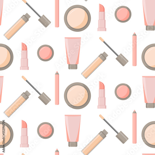 Seamless pattern with decorative cosmetics in pastel colors