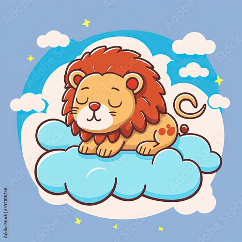 Cute Lion Sleep on a Cloud. KAWAII Stylish Comic Stamp. Flat Minimalist Design Art. For UI, WEB, Novel, Game, AD, Poster
