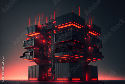 Brutalist dystopian sci fi building, red lights, at sunset.