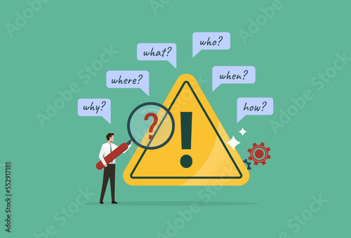 Problem identification, root cause analysis and solving problem, businessman with magnifier and investigate incident with exclamation mark