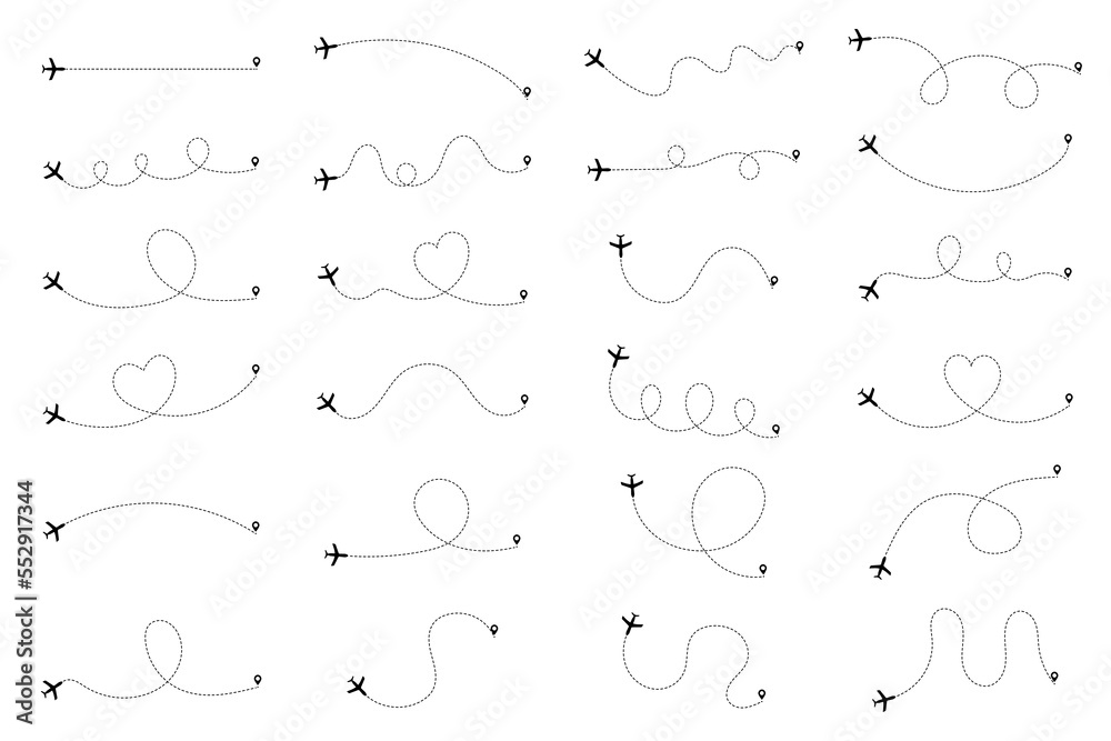 Airplane routes set. Plane paths. Set of dotted aircraft trajectories. Travel, distance, route concept. Airplane routes set. Plane paths. Set of dotted aircraft trajectories. Travel, distance, route concept.