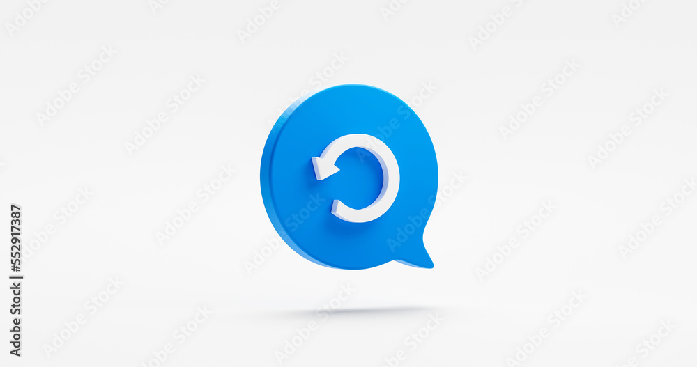 Previous arrow undo 3d icon element synchronize reset isolated on white background with blue speech bubble message refresh symbol or redo direction pointer sign and back rotation rotate loop button. Previous arrow undo 3d icon element synchronize reset isolated on white background with blue speech bubble message refresh symbol or redo direction pointer sign and back rotation rotate loop button.