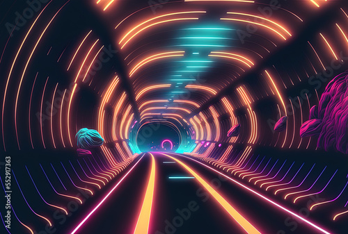 Conceptual image of a neon fiber optic tunnel using metaverse technology. Generative AI