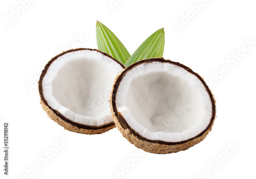 Coconut with half and leaves on transparent png