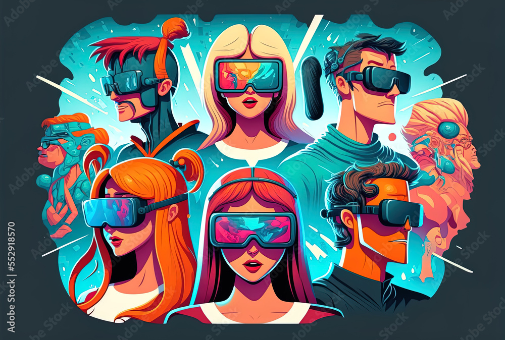 VR glasses with metaverse avatars parties on social networking sites thematic illustrations. Generative AI