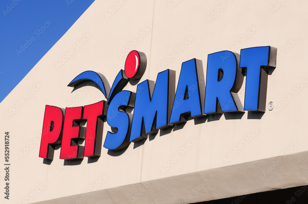 Storefront, sign and brand logo of a PetSmart Pet Store location in