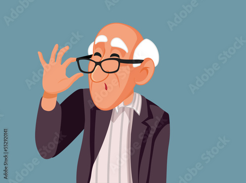 Senior Man Looking Over his Glasses Vector Cartoon Illustration. Skeptical elderly wearing eyeglass taking it off 
