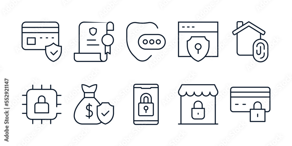 Security line icon set. Vector illustration. Editable stroke. Containing home security, security, shield, certificate, secure payment, shop, lock, money bag, cyber security,