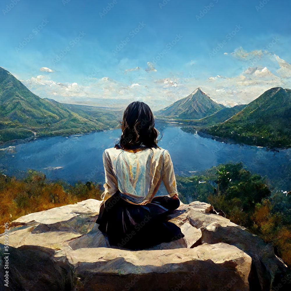 Girl sitting, looking over a mountain range and lake made with Generative AI