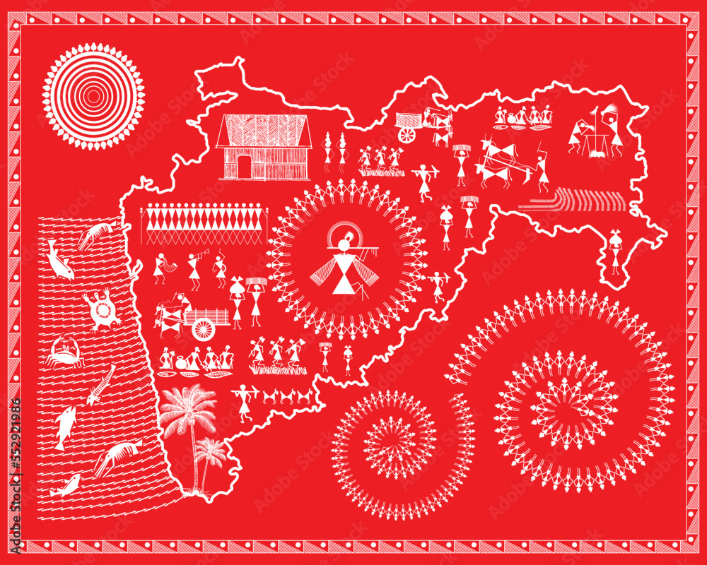 Maharashtrian culture, economy, people, shown in warli painting. illustration, drawing, painting, wall art.